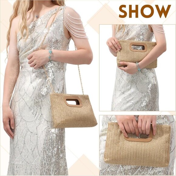 Women's Woven Straw Clutch Purse Small Crossbody Summer Shoulder Bag - Picture 6 of 7